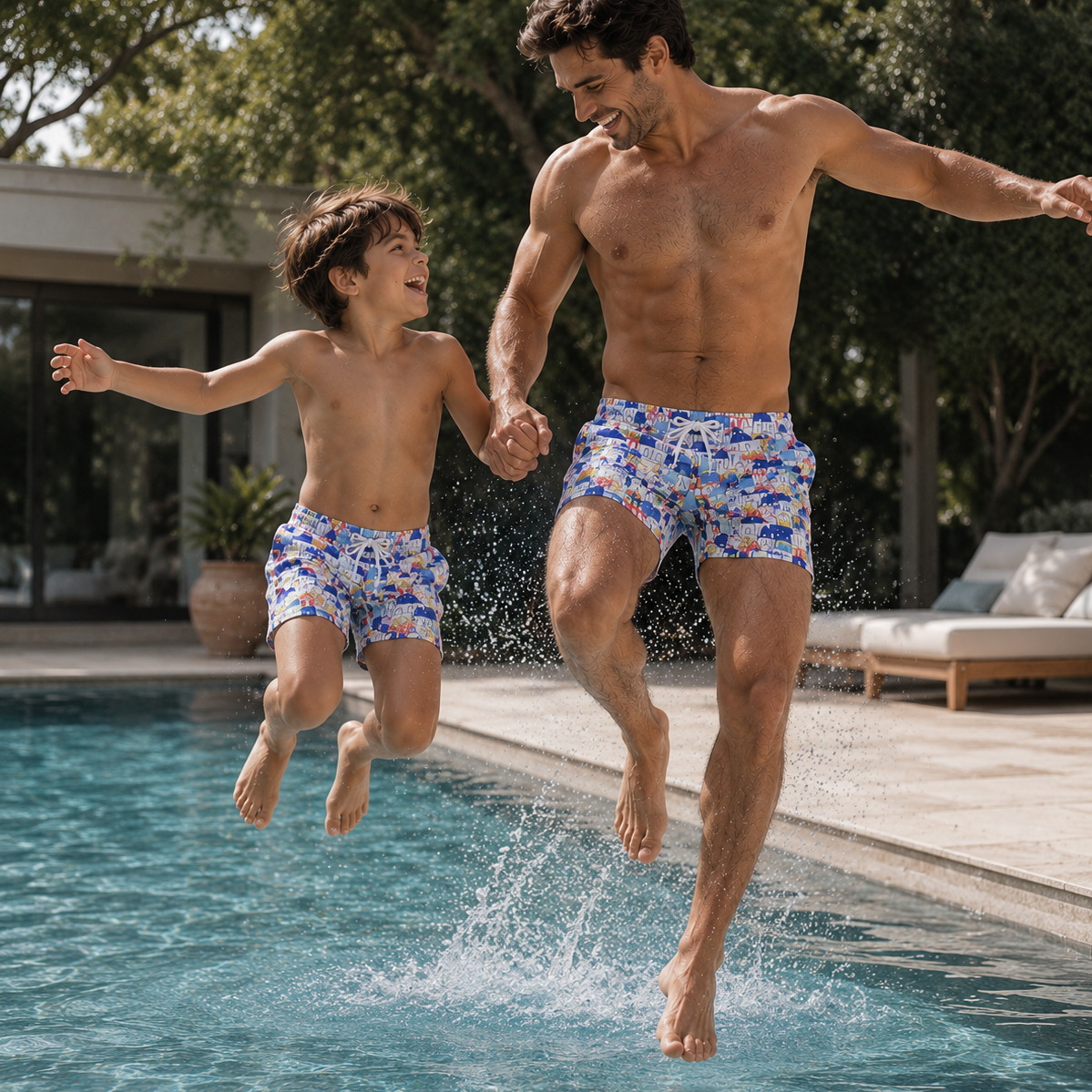 Father and Son wearing looma swim shirts in Kuwait