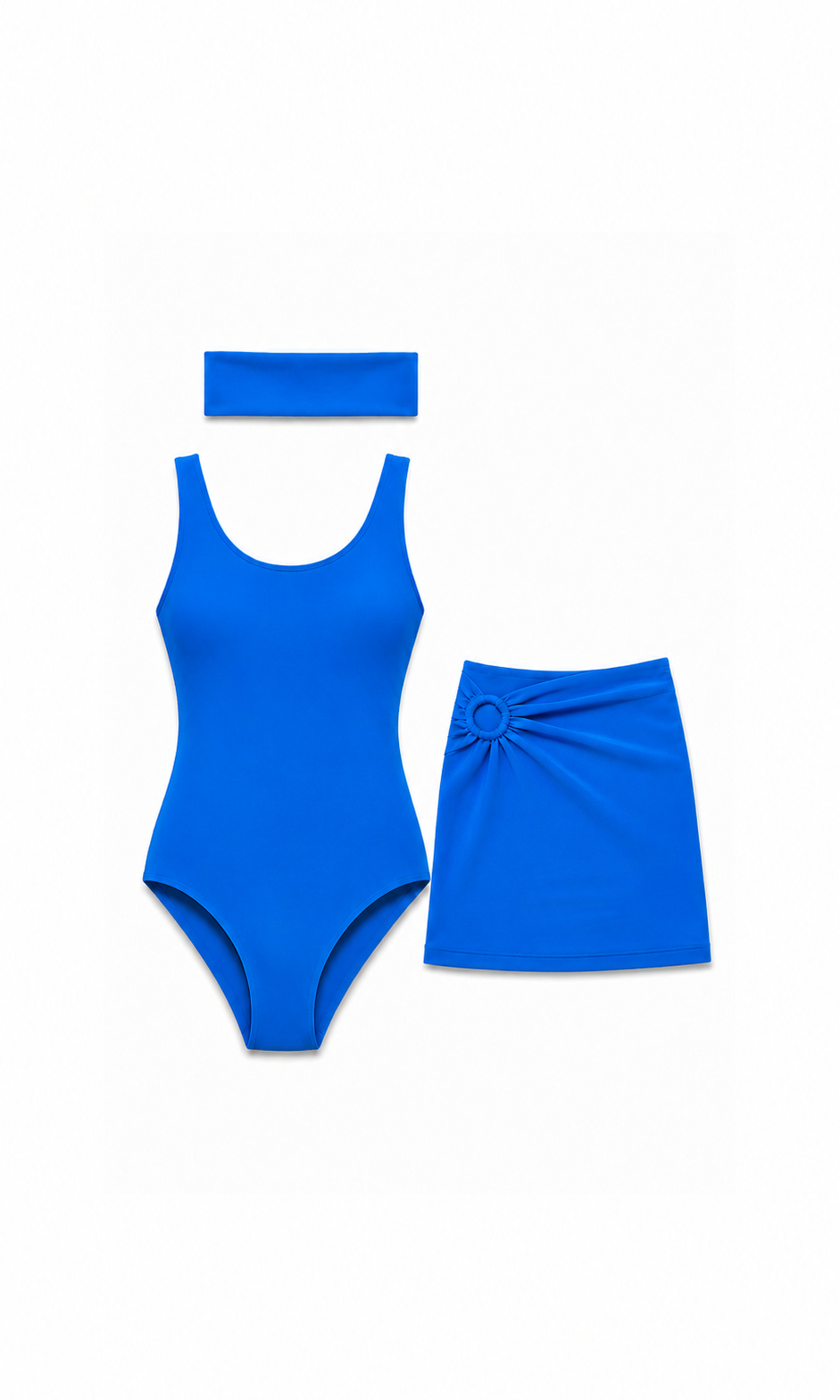 Blue swimsuit set with headband on a white background