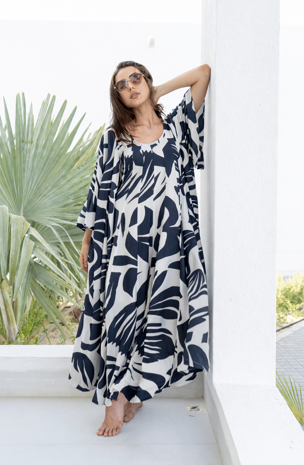 Ultra soft Black & White Floral Silky Cotton Resort Dress With Bisht - Loomaswim.com