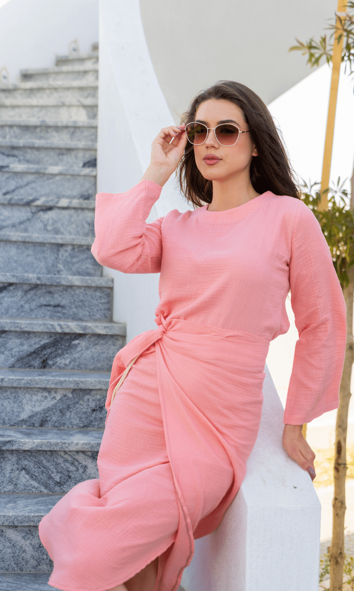 Enchanting Peach Gauze 2 - Piece Blouse and Midi Skirt - Resort Elegance pen_spark - Loomaswim.com