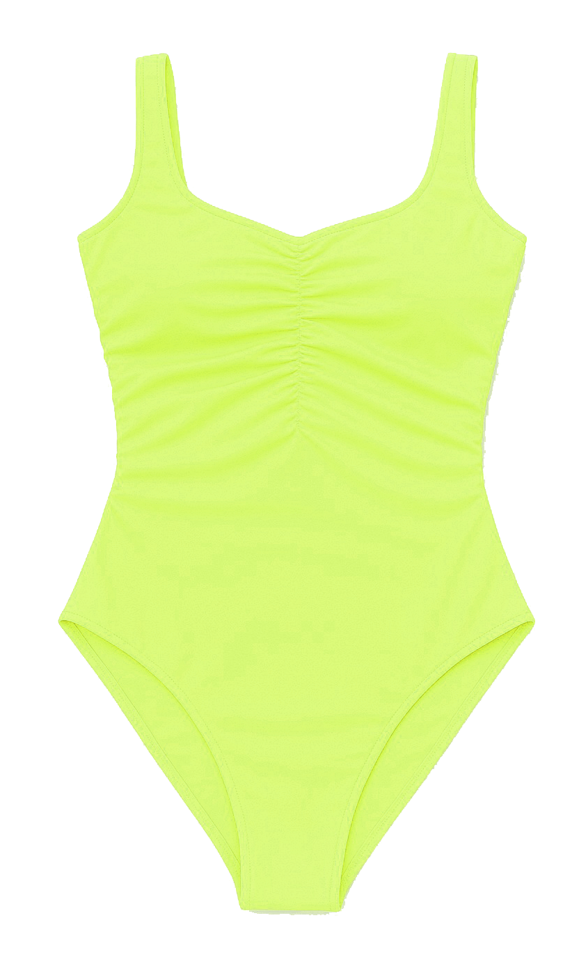Neon Green Ruched One-Piece Swimsuit + Swim Shorts Set - Loomaswim.com