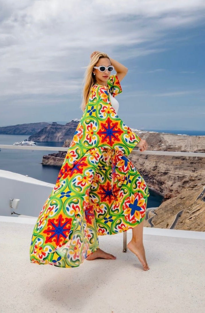 Vibrant Kimono & skirt with Colorful Tile Pattern - Free Size - Loomaswim.com