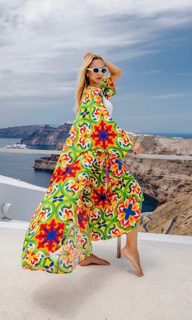 Vibrant Kimono & skirt with Colorful Tile Pattern - Free Size - Loomaswim.com
