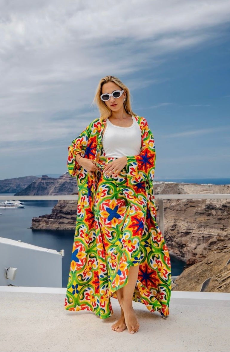 Vibrant Kimono & skirt with Colorful Tile Pattern - Free Size - Loomaswim.com
