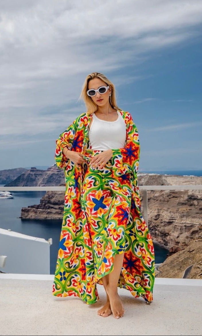 Vibrant Kimono & skirt with Colorful Tile Pattern - Free Size - Loomaswim.com