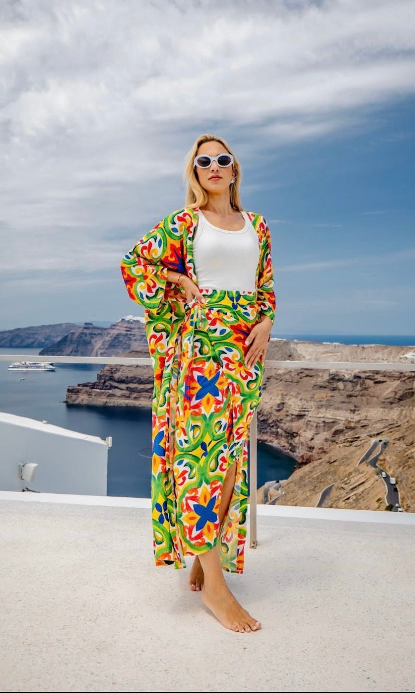 Vibrant Kimono & skirt with Colorful Tile Pattern - Free Size - Loomaswim.com