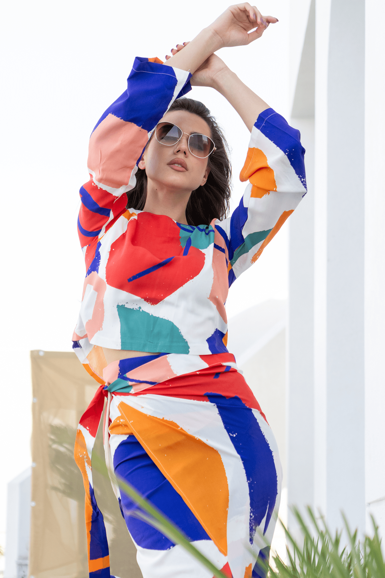 Vibrant Vogue: 2 - Piece Blouse and Skirt Set - Colorful Modern Pattern - Loomaswim.com