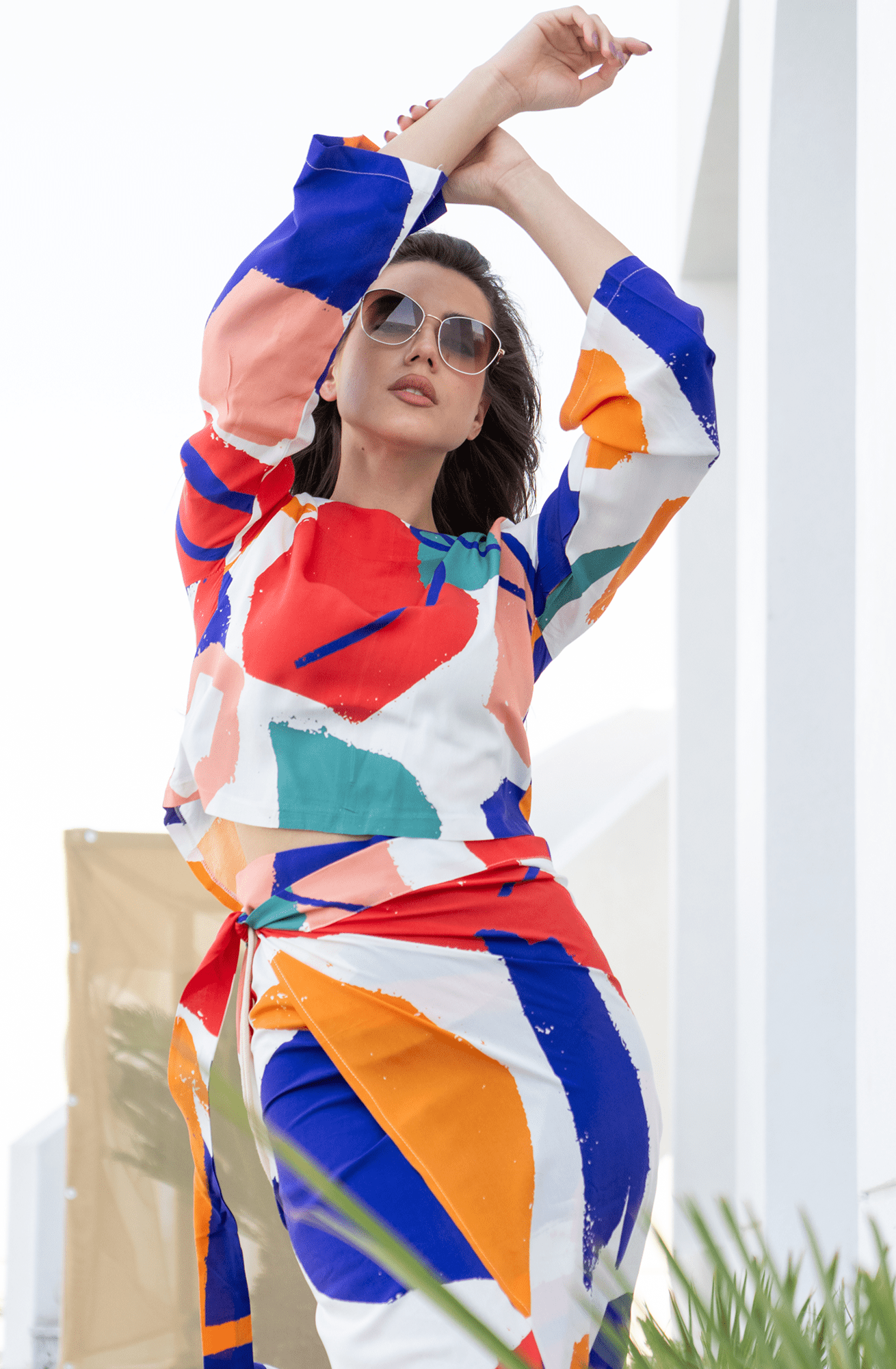 Vibrant Vogue: 2 - Piece Blouse and Skirt Set - Colorful Modern Pattern - Loomaswim.com