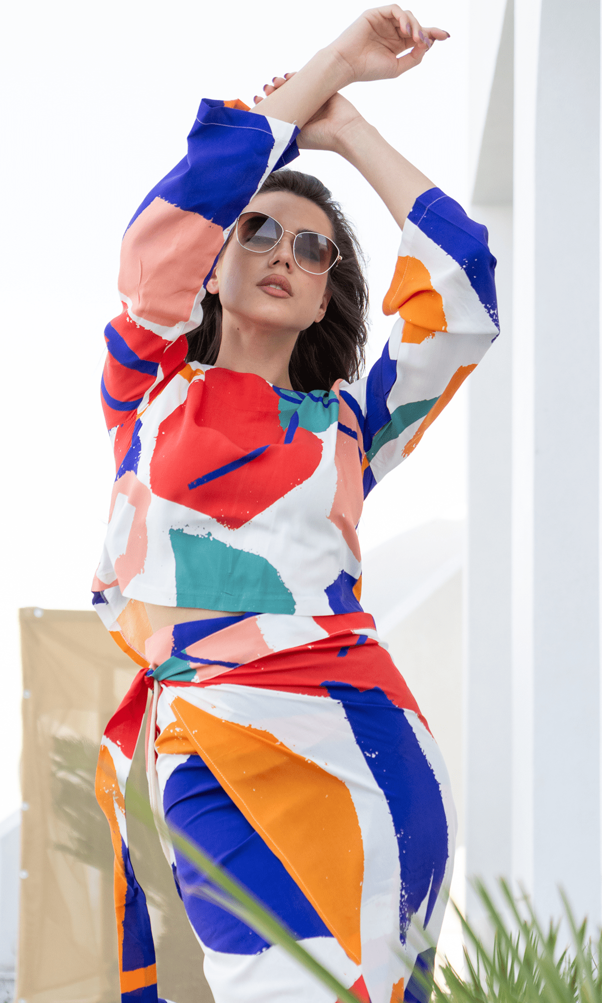 Vibrant Vogue: 2 - Piece Blouse and Skirt Set - Colorful Modern Pattern - Loomaswim.com