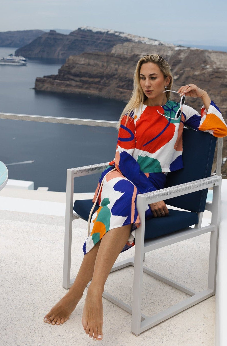 Vibrant Vogue: 2 - Piece Blouse and Skirt Set - Colorful Modern Pattern - Loomaswim.com
