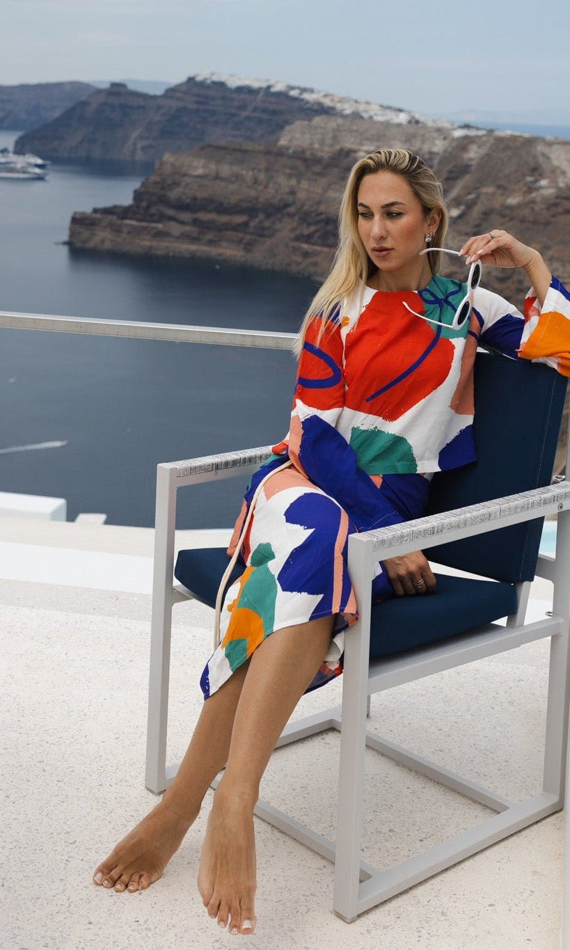 Vibrant Vogue: 2 - Piece Blouse and Skirt Set - Colorful Modern Pattern - Loomaswim.com