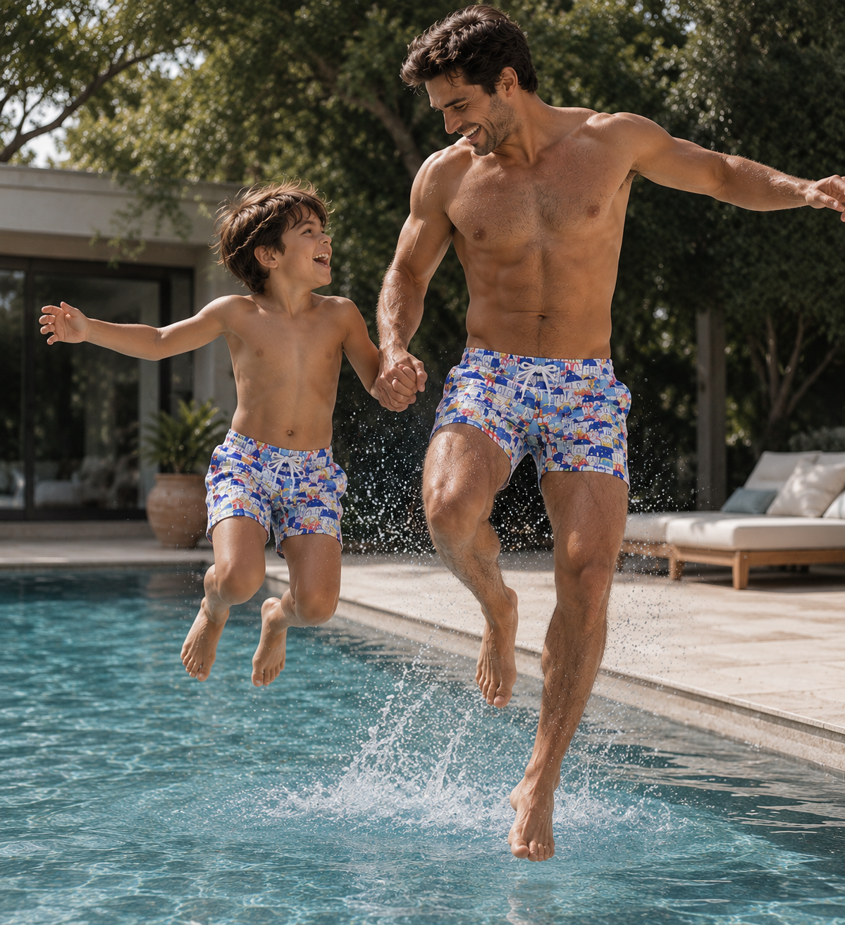 Father and Son wearing looma swim shirts in Kuwait