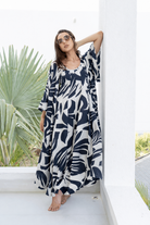 Ultra soft Black & White Floral Silky Cotton Resort Dress With Bisht - Loomaswim.com