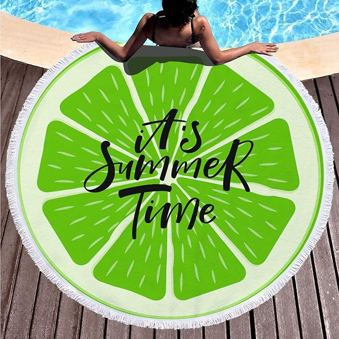Lime its Summer time Round Beach Towel Microfiber - Loomaswim.com